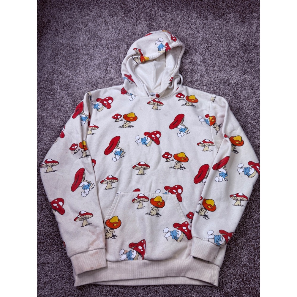 The Smurfs Mushroom All Over Print Hoodie Cream Graphic Sweatshirt Size Small